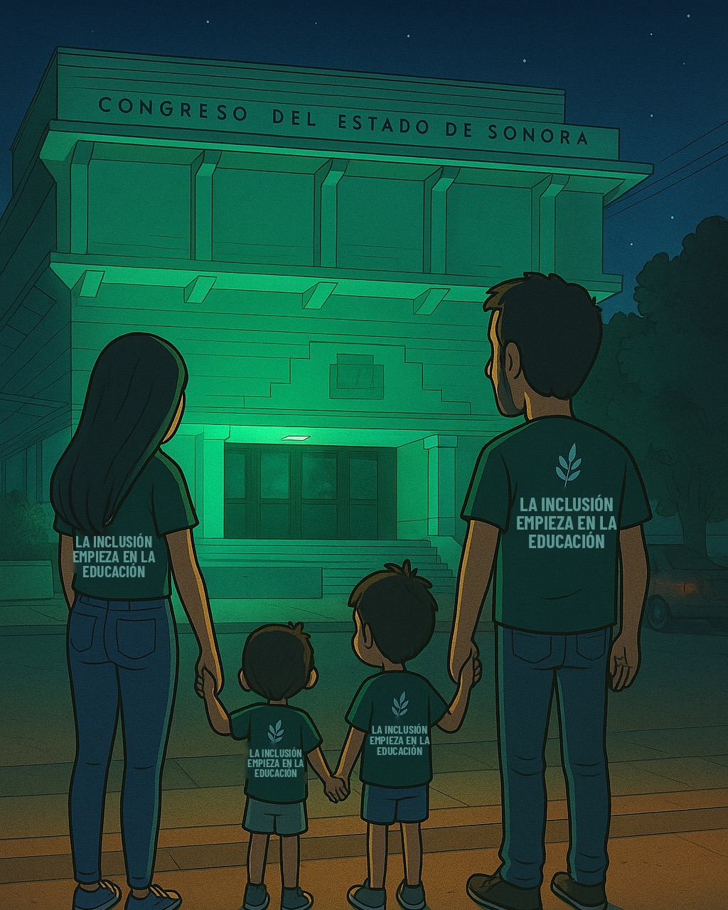 Ilustración de nuestra familia de espaldas frente al Congreso del Estado de Sonora iluminado de verde